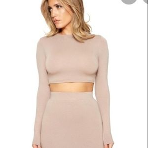 Naked Wardrobe Taupe Long Sleeve Crop Top - Small